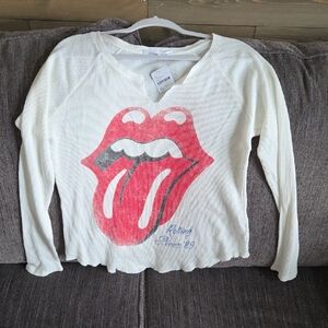 Daydreamer Free People White Waffle Knit Top Featuring Rolling Stoned Graphics